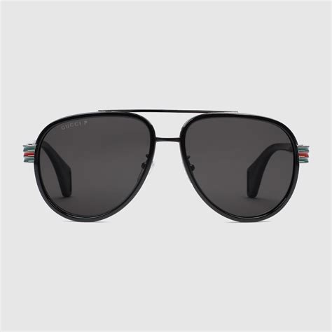 Black Acetate Aviator Sunglasses With Grey Polarized Lens.